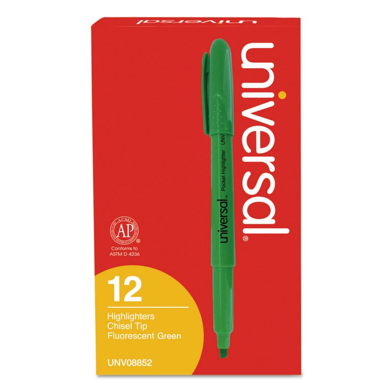 UNIVERSAL Pocket Clip Highlighter Chisel Tip Fluorescent Green Ink Dozen 08852, 4 of 9