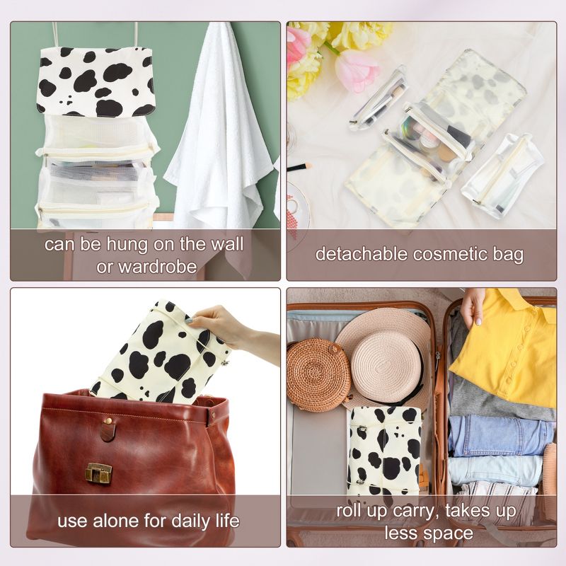 Unique Bargains Milk Cow Style 4 in 1 Detachable Hanging Roll Up Travel Makeup Bags and Organizers Beige Black, 5 of 7