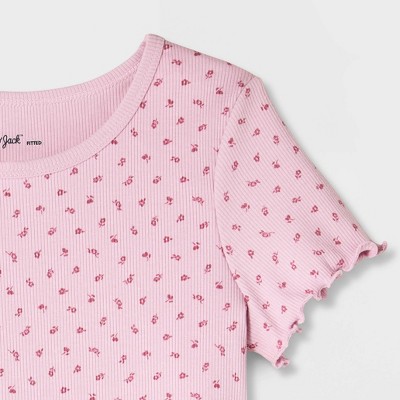 Cat & Jack Girls' Short Sleeve Ribbed Floral Printed Fitted T-Shirt - Cat & Jack™ Mauve Ditsy Floral M — фото 3