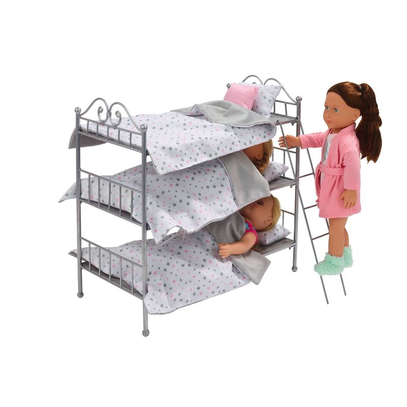 Badger Basket Scrollwork Metal Triple Doll Bunk Bed with Ladder and Bedding - Silver/Pink/Stars, 3 of 8
