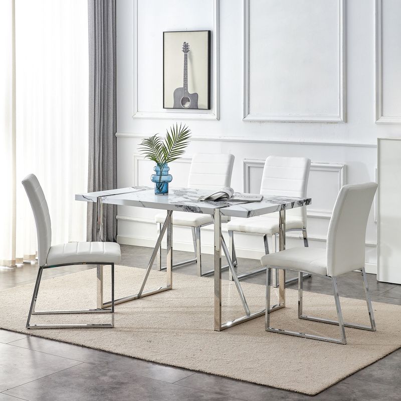 5 PCS Dining Table Set, Faux Marble Dining Table with 4 Faux Leather Chairs, White-ModernLuxe, 2 of 12