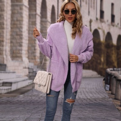 Coolmee Women's Long Hoodies Open Front Fleece Jackets Loose Fit Sweatshirts Fall Winter Fashion Casual Clothes with Pockets S Purple