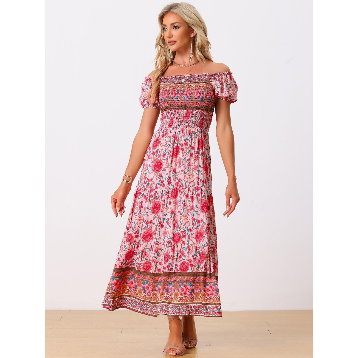 Женские платья INSPIRE CHIC Women's Boho Floral Square Neck Midi Smocked Maxi Dress Medium Pink — фото 4