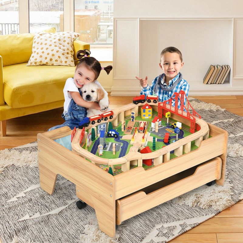 Costway Wooden Kids Train Track Railway Set Table w/100 Pieces Storage Drawer, 4 of 13
