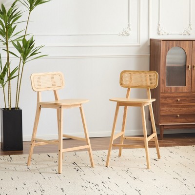 Set of 4 Rubberwood Bar Stools with Curved Wood Seat and Rattan Backrest,Wood Bar Chairs for Home Bar or Breakfast Counter-Baofuwish
