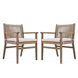 Outdoor Dining Chairs Set of 2, Acacia Wood Patio Armchair with Rope Design Back and Water Repellent Cushion, Light Brown, 400lbs Weight Capacity - 1 of 4