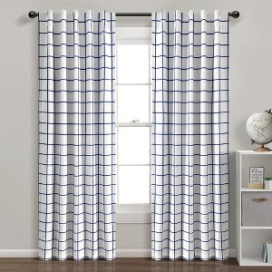 Urban Square Grid 100% Lined Back Tab/Rod Pocket Blackout Window Curtain Panels White/Navy 42X84 Set - 1 of 4