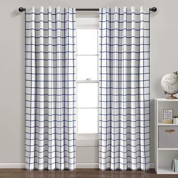 Urban Square Grid 100% Lined Back Tab/Rod Pocket Blackout Window Curtain Panels White/Navy 42X84 Set