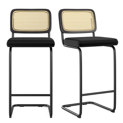 AZL1 Life Concept Dining Sets Set of 2 Upholstered Velvet Barstools with Rattan Back Stools Armless Bar for Kitchen Island, Black, 18.9"*17.7"*42.5"