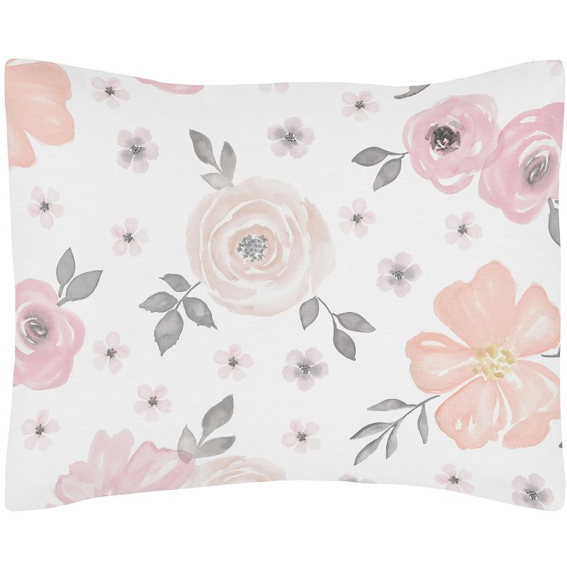 Sweet Jojo Designs Girl Decorative Pillow Cover Sham Watercolor Floral Pink and Grey, 1 of 5