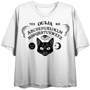 Ouija Board Cat & Celestial Icons Women’s White Crew Neck Short Sleeve Crop Top - 1 of 3