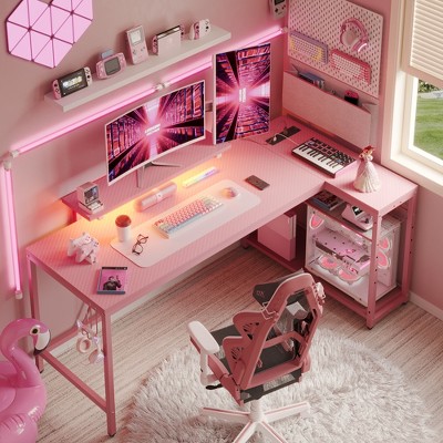 Bestier - L-Shaped Gaming Desk with LED Lights, Power Outlets, and Monitor Stand - 58" Wide