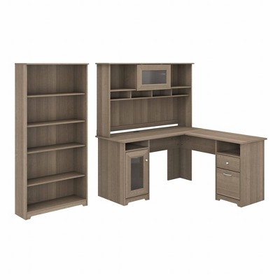 Cabot 60W L Shaped Computer Desk with Hutch and 5 Shelf Bookcase Ash Gray - Bush Furniture