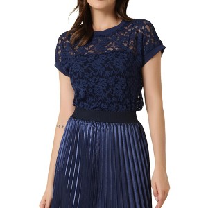 Allegra K Women's Curved Hem Sheer Short Sleeves Floral Lace Blouse - 1 of 4