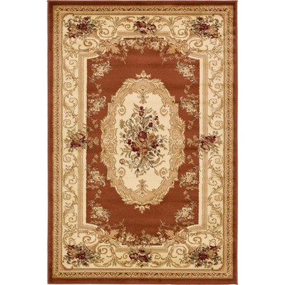 Brick Red and Ivory Floral Synthetic 4' x 6' Area Rug