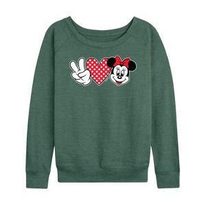 Women's - Disney - Peace Love Minnie Mouse Lightweight French Terry Wide Neck Long Sleeve Graphic Shirt - 1 of 4