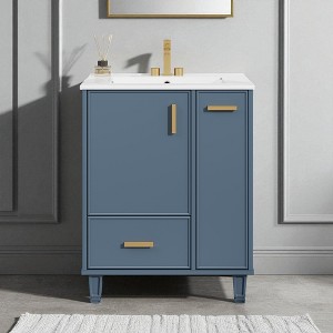 Mshliw 24 Inch Bathroom Vanity with Ceramic Sink, Freestanding Storage Cabinet with Door Shelf, Deep Drawer and Pull-Out Basket,Blue Grey - 1 of 4