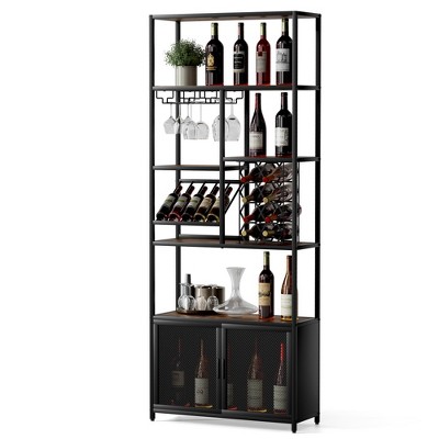 82.7" Industrial Standing Bar Cabinet,Wine Rack with Glass Holder & Mesh Doors,Tall Freestanding Floor Bar Cabinet -Rustic Brown