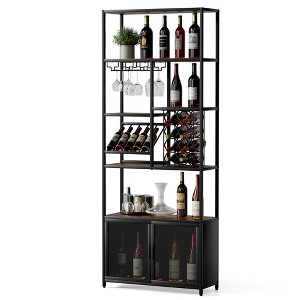 82.7" Industrial Standing Bar Cabinet,Wine Rack with Glass Holder & Mesh Doors,Tall Freestanding Floor Bar Cabinet -Rustic Brown - 1 of 4