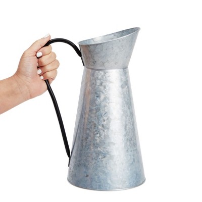 Rustic Galvanized Metal Pitcher Vase with Handle, 12 Inches