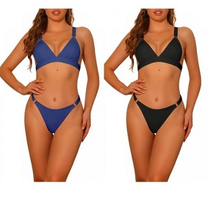 Elerevyo Women's Adjustable Wide Straps Back Clasp Ribbed Basic Beach Ring Triangle Swimwear Bathing Suits 2 Sets - 1 of 4