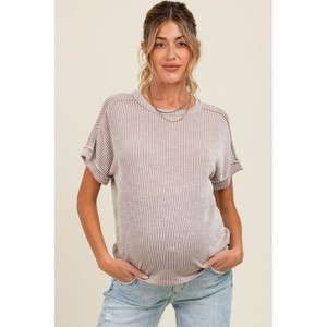 Pinkblush Taupe Ribbed Exposed Seam Maternity Short Sleeve Top - 1 of 4