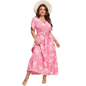 Whizmax Plus Size V Neck Wrap Maxi Dress for Women High Waist Short Sleeves Casual Floral Summer Dress with Belt - 1 of 4