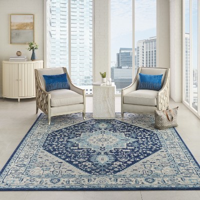 Ivory/Navy Synthetic 8' x 10' Rectangular Easy-Care Rug