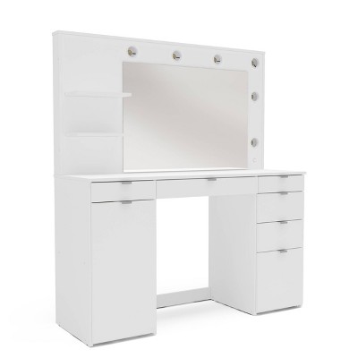 Olivia White Engineered Wood Vanity Table with Lighted Mirror