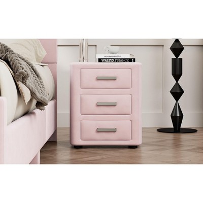 DOMETOUR Velvet Nightstand Bedside Table with 3 Drawers, Night Table for Bedroom, End Tables for Living Room, Pink