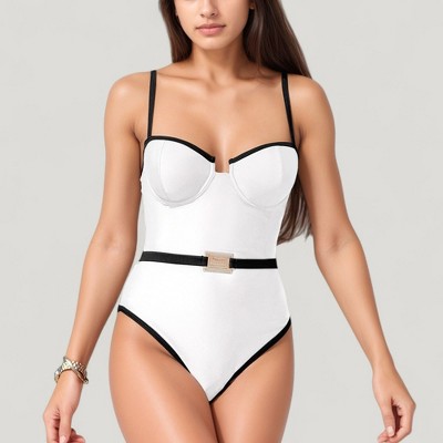 Anna-Kaci Swim Women's One-Piece Swimsuit with Contrast Trim Underwire Cups and Decorative Belt Detail