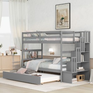 NicBex Twin over Twin Bunk Bed Pine Bed Frame with Twin Trundle, Storage Stair and Full Length Guardrail, Space Saving, No Box Spring Required, Gray - 1 of 4