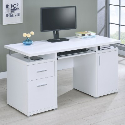 Vynxaria 1pc Modern 55-inch 2-drawer Office Computer Desk White Cabinet With Adjustable Shelf Slide-out Keyboard Tray Silver-finished