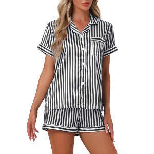 cheibear Women's Stripped Satin Silky 2pcs Pajama Set Button Down Shirt and Shorts Lounge Sleepwear 2025 - 1 of 4