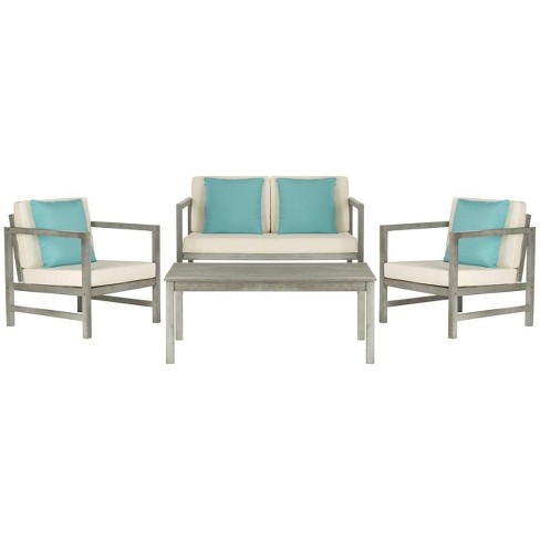 Montez 4 Piece Patio Outdoor Conversation Set With Accent Pillows Grey Wash beige light Blue Safavieh Target