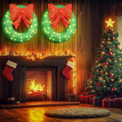 Hooseng Pre-Lit Christmas Lighted Wreath Display Decor, 35" Xmas Wreath with Bow and 90 LED Lights, Holiday Festival Vacation Decoration