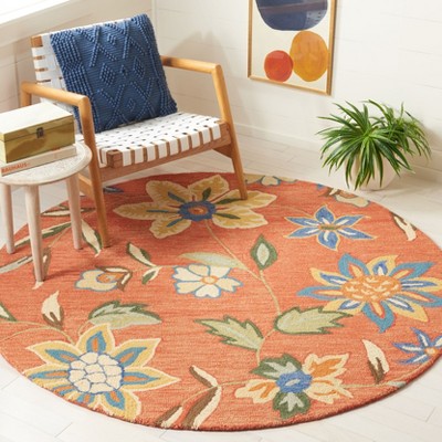 Ivory and Rust Floral Handmade Wool Round Rug