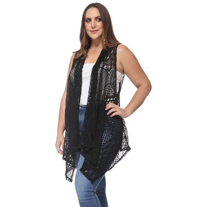 Anna-Kaci Women's Plus Size Boho Open Front Crochet Cover Up Sleeveless Shawl Cardigan Vest - 1 of 4