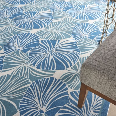 Blue Tropical Leaf Pattern Rectangular Outdoor Rug