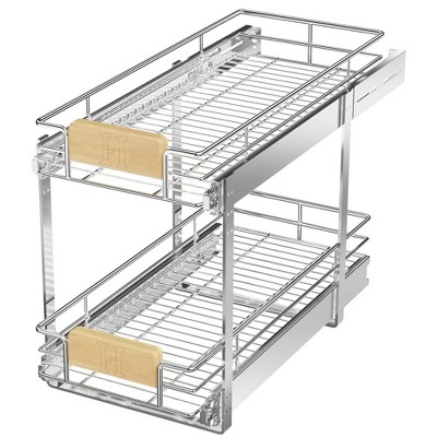 LOVMOR 2 Tier Pull Out Cabinet Organizer 10½" W x 21½" D, Slide Out Drawers with Wooden Handle, Sliding Shelves Organization
