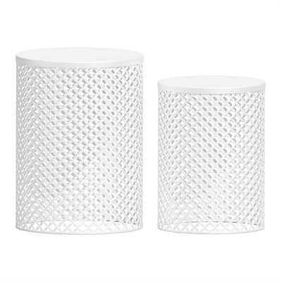 Naysaye Patio End Tables Set of 2 Round Metal Mesh Design End Tables for Patio Deck Garden Poolside, White, 14.5"*14.5"*19.25"