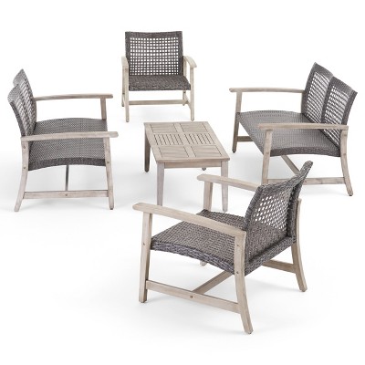 Christopher Knight Home Hampton Outdoor Acacia Wood and Wicker 6 Seater Chat Set