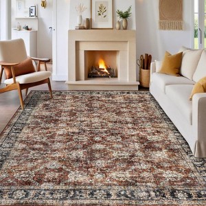 Floral Printed Area Rugs Vintage Distressed Throw Rugs with Non-Slip Backing, Non-Shedding Floor Carpet - 1 of 4