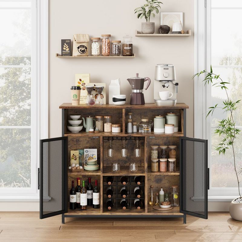 Coffee Bar Cabinet, Industrial Buffet Storage Cabinet with Mesh Doors and Adjustable Shelves, Rustic Sideboard for Kitchen Living Dining Room, 4 of 8