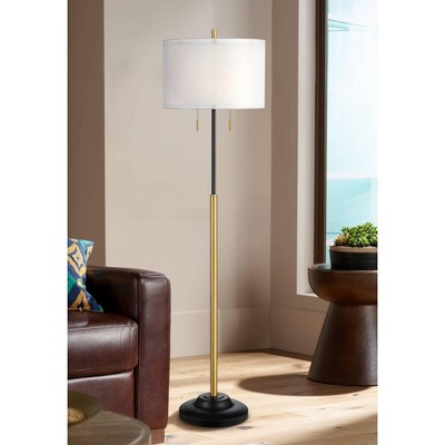 Black and Brass Metal Floor Lamp with Linen Shade