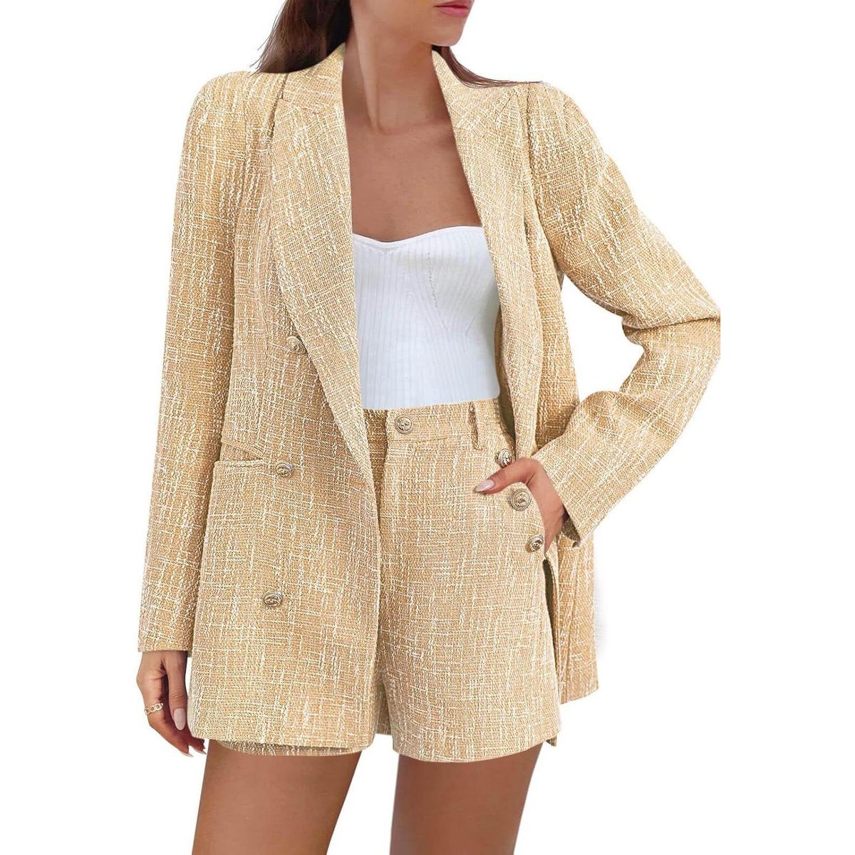 Imily Bela Women Tweed Blazer Shorts Set Double Breasted Suit