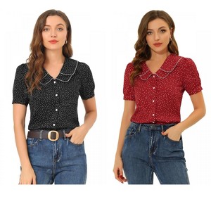 INSPIRE CHIC Women's Vintage Polka Dots Peter Pan Collar Puff Short Sleeve Shirt 2 Packs - 1 of 4