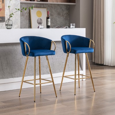 VYNXARIA 30 Inch Set of 2 Bar Stools,with Chrome Footrest and Base Velvet + Golden Leg Simple Bar Stool,Blue