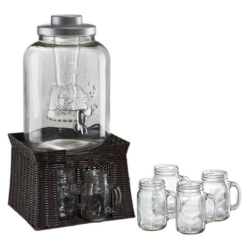 Masonware Beverage Jar 3gal with Chiller & Infuser, Faux Wicker Stand, Clear