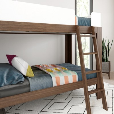 Walnut and White Twin Over Twin Wood Bunk Bed with Ladder